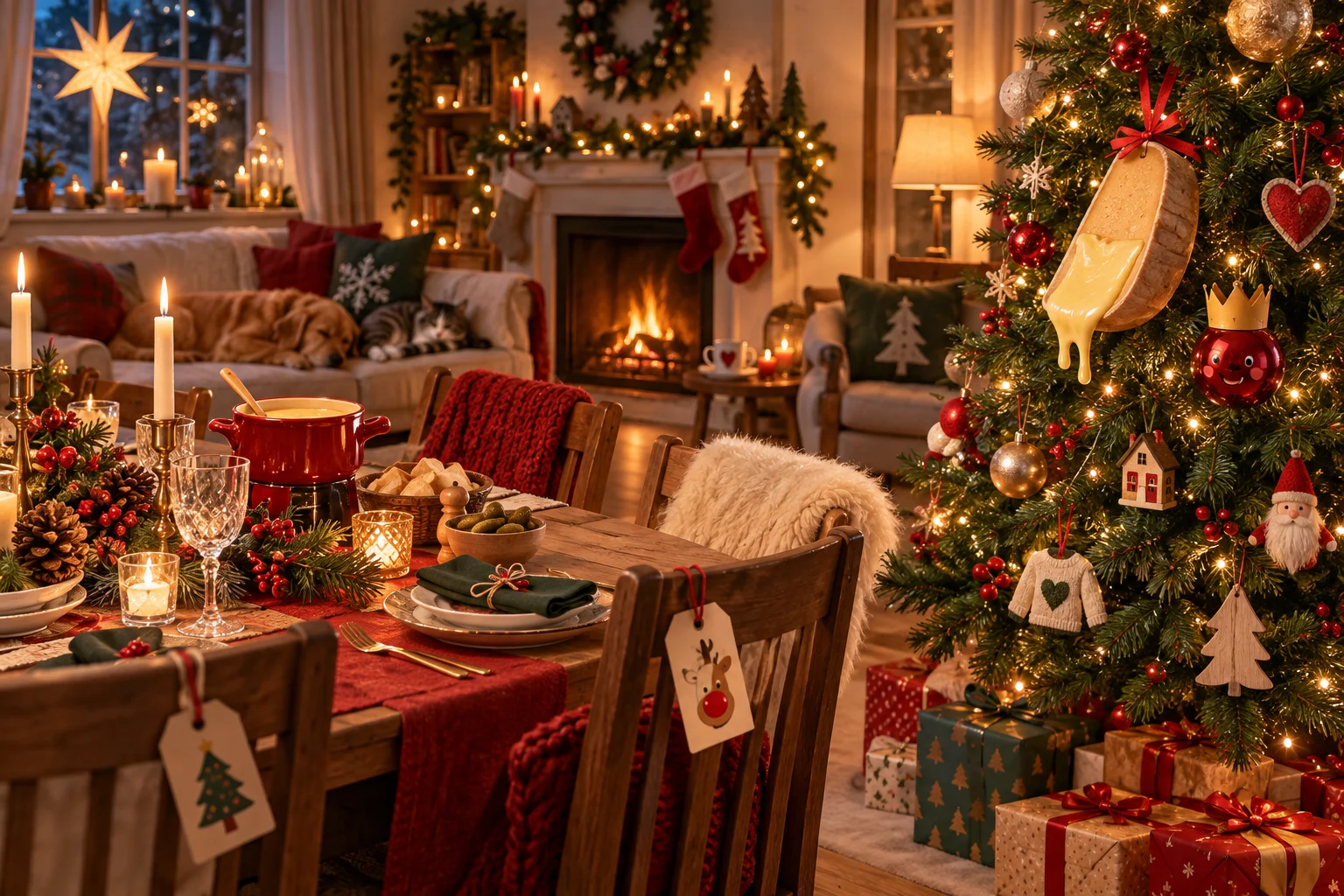 Salon de Noël chaleureux avec sapin décoré de quelques ornements humoristiques